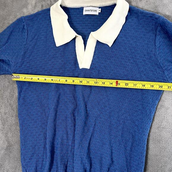 Oxknit Sweater Polo Men's M Johnny Collar Blue Knit Coastal Retro Preppy 70's - Picture 8 of 8